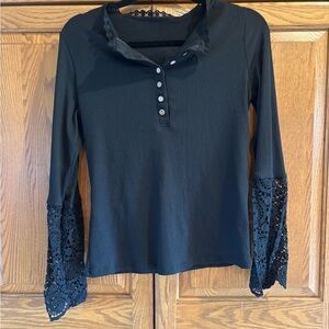 Chic Black Lace Sleeve Women's Blouse Size Medium M